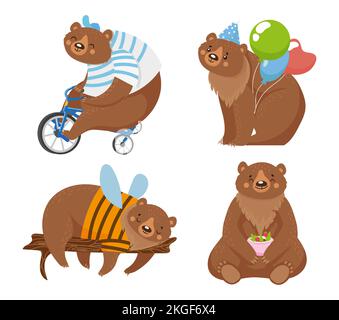 Cartoon Bears, circo animale cavalcare in bicicletta con palloncino d'aria Illustrazione Vettoriale