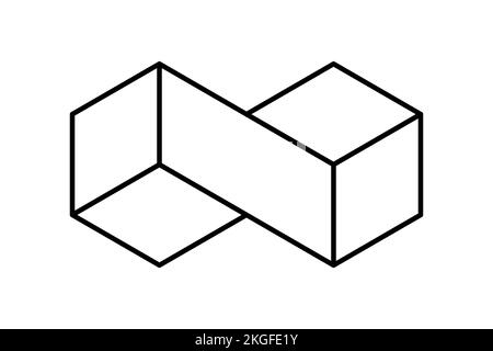 Simbolo di infinità lineare in cubi. Segno geometrico rettangolare eterno. Proiezione isometrica 3D. Due cubi collegati. Modello con logo esagonale. Vettore Illustrazione Vettoriale