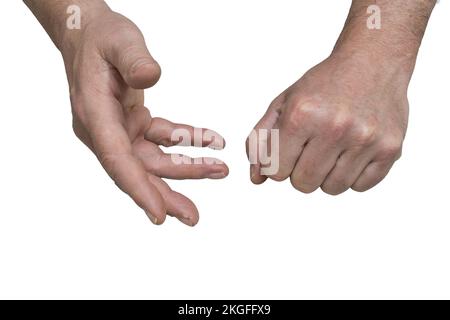 il gesto delle mani di un uomo durante una discussione su uno sfondo grantsparente Foto Stock