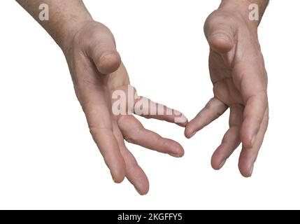 il gesto delle mani di un uomo durante una discussione su uno sfondo grantsparente Foto Stock