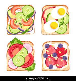 Panini sani di set, in cima alla vista. Illustrazione di pasto isolato, colazione o pranzo gustoso vettore nutrizione Illustrazione Vettoriale