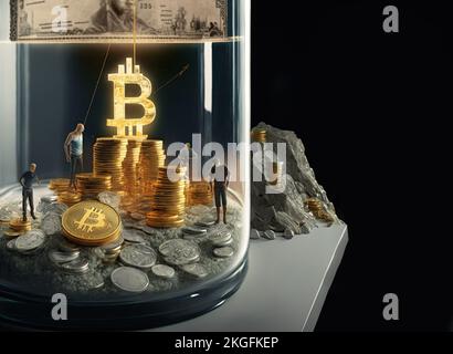 Volta in vetro con gettoni Bitcoin e altcoins, set isometrico con persone. Isolato su sfondo nero con spazio di copia. Concetto del negozio di Foto Stock