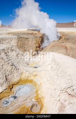 Piscina di fango bollente e una colonna di vapore da un geyser a Sol de Mañana (sole mattutino) Area geotermica nella Riserva Nazionale Eduardo Avaroa, Bolivia Foto Stock