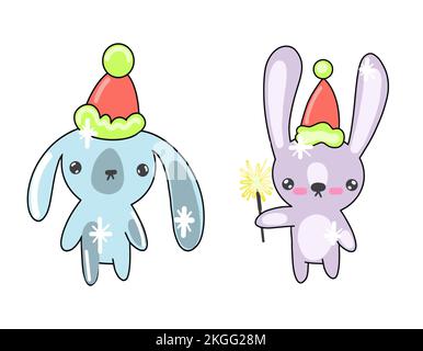 Set di Natale vettoriale con coniglietti, regali, palle di Natale, zenzero e albero di Natale Illustrazione Vettoriale