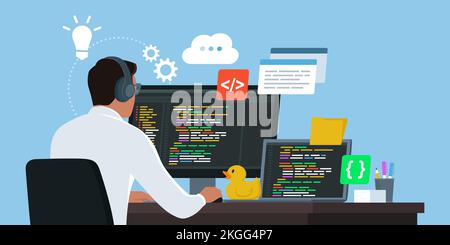Sviluppatore professionale e ingegnere software seduto alla scrivania e al lavoro, sta controllando il codice e il debug Illustrazione Vettoriale