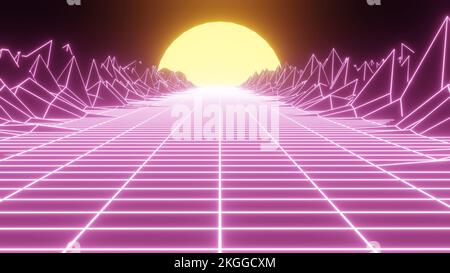 Tramonto retrò al neon. Vaporwave vintage 3D neon landscape.3D rendering Foto Stock