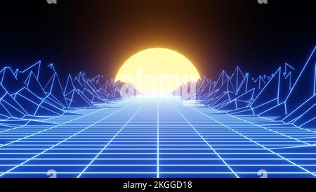 Tramonto retrò al neon. Vaporwave vintage 3D neon landscape.3D rendering Foto Stock
