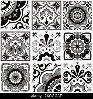 Piastrelle talavera messicane vettoriali senza cuciture in bianco, nero e grigio con fiori foglie, cuori e vortici - grande set, design ripetitivo in stile Mex Illustrazione Vettoriale