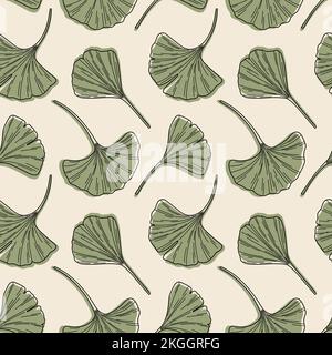 Ginkgo Biloba foglie verdi e gialle isolate su sfondo bianco. Elementi dell'illustrazione disegnati a mano botanici Illustrazione Vettoriale