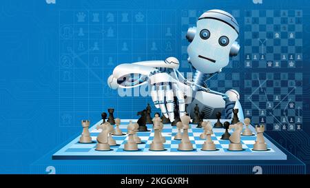 Robot bianco a forma di uomo che gioca una partita di scacchi, muovendo un pezzo nero della scacchiera contro uno sfondo blu con strategie di scacchi Illustrazione Vettoriale