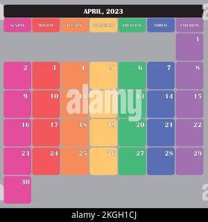 Aprile 2023 Planner Calendario grande spazio modificabile colore giorno Illustrazione Vettoriale