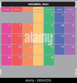 Novembre 2023 Planner Calendario grande spazio modificabile colore giorno Illustrazione Vettoriale