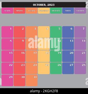 Ottobre 2023 Planner Calendario grande spazio modificabile colore giorno Illustrazione Vettoriale