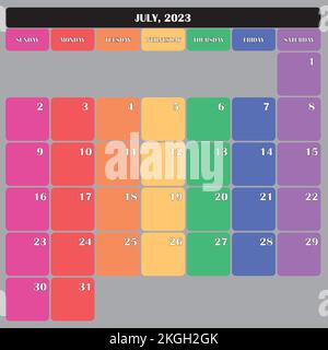 Luglio 2023 Planner Calendario grande spazio modificabile colore giorno Illustrazione Vettoriale