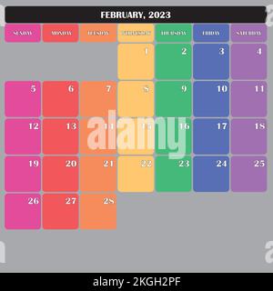 Febbraio 2023 Planner Calendario grande spazio modificabile colore giorno Illustrazione Vettoriale