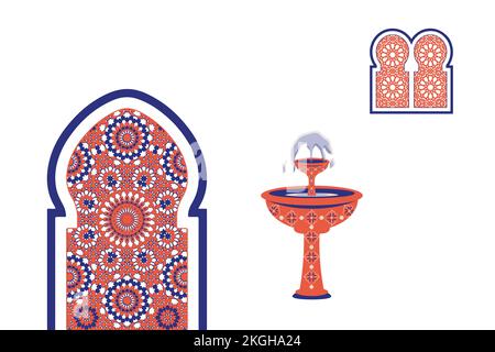 Architettura astratta poster semplice geometrico. Marocchino contemporaneo astratto geometrico. Finestre, porte e scale in stile arabo-orientale islamico. Illustrazione Vettoriale