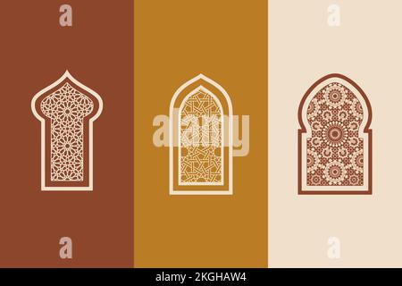 Le finestre, le porte e gli archi in stile orientale arabo islamico hanno creato un'immagine vettoriale di metà secolo. Marocchino contemporaneo astratto geometrico. Illustrazione Vettoriale