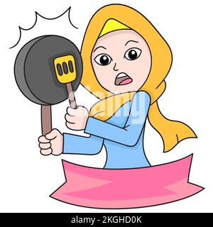Un'illustrazione vettoriale di un personaggio cartoon ragazza in hijab facendo rumore battendo la padella isolato su sfondo bianco Illustrazione Vettoriale