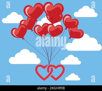 Un'arte digitale di palloncini rossi a forma di cuore in un cielo nuvoloso Illustrazione Vettoriale