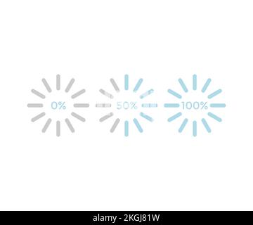 Indicatore di carico. Barra di avanzamento. Metro percentuale. UI, interfaccia utente. Caricamento del logo del simbolo. Processo di download. Icone circolari impostate. Illustrazione Vettoriale