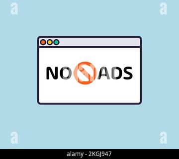 Nessun segno di ads. Pubblicità vietato segno sul web browser finestra logo design. Segno di AdBlock, icona di annuncio proibito, rimuovere la pubblicità, bloccare il segno di ads. Illustrazione Vettoriale