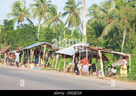 Bancarelle del mercato, Lago di Aheme, Benin. Il lago Aheme è un centro Voodou nel Benin, ma anche un centro dove molte persone pescano per vivere. Foto Stock