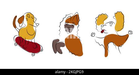 Collezione di illustrazioni lineari con diverse razze di cani. Set di icone a colori per animali domestici. Gli animali divertenti giocano e litigano. Poster per gli amanti del cane. Logo di Illustrazione Vettoriale