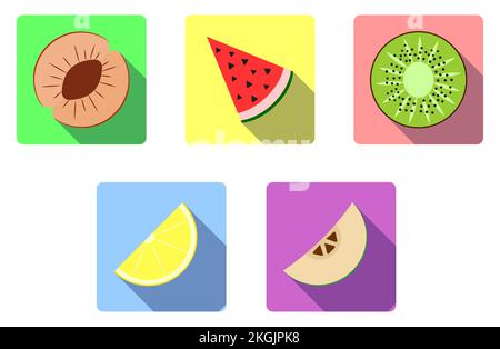 Set di icone piatte quadrate e luminose con frutta fresca estiva. Icone semplici per i momenti salienti nei social network. Illustrazioni per logo design, emblemi, labe Illustrazione Vettoriale