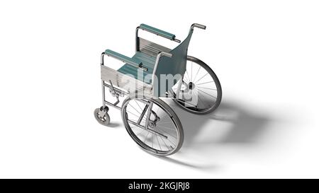 Vista dall'alto con sedia a rotelle isolata. Sedia di trasporto in caso di malattia, lesioni o disabilità, attrezzatura di supporto medico. su sfondo bianco. Picchettatura Foto Stock