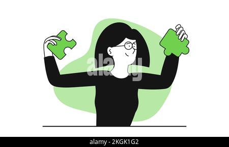Donna che mette insieme un concetto di illustrazione del vettore di puzzle. Opportunità di business e progressi nella leadership di successo. Crescita della carriera e direzione della visione Illustrazione Vettoriale