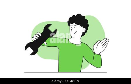 Uomo che tiene una chiave nella sua mano vettore illustrazione concetto. Sito di riparazione e servizio Web di manutenzione per il sito Web. Pagina su modello di costruzione desig Illustrazione Vettoriale
