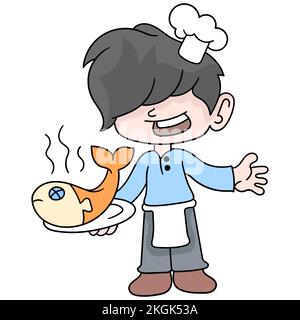 Un'illustrazione vettoriale di un personaggio di cartoni animati dello chef con un piatto di pesce isolato su sfondo bianco Illustrazione Vettoriale