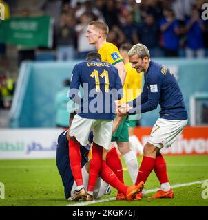 Doha, Qatar. 22nd Nov 2022. Ousmane Dembele (fra), Olivier Giroud (fra), Antoine Griezmann (fra) Francia - Australia Coppa del mondo 2022 in Qatar 22.11.20 Foto Stock