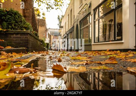 Londra - Novembre 2022: Kensington Church Walk, una strada di negozi indipendenti al di fuori di Kensington High Street Foto Stock