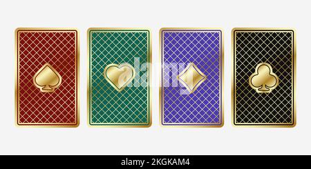 Quattro belle carte da gioco. Le schede sul retro sono verdi, rosse, nere e magenta. Illustrazione vettoriale su sfondo bianco. Illustrazione Vettoriale