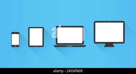 Icone del dispositivo: Smartphone, tablet, notebook e computer desktop. Illustrazione vettoriale, design piatto Illustrazione Vettoriale