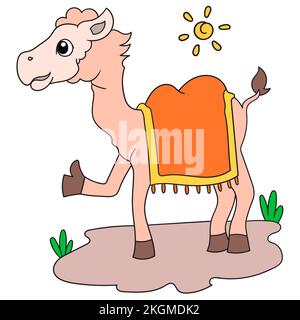 Un'illustrazione vettoriale di un personaggio di un fumetto a cammello che si erge nel deserto isolato su sfondo bianco Illustrazione Vettoriale