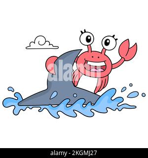 Un'illustrazione vettoriale di un personaggio di cartoni animati di granchio seduto sullo squalo isolato su sfondo bianco Illustrazione Vettoriale