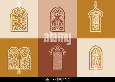 Set di finestre arabesche islamiche ornamentali. Architettura araba tradizionale modello geometrico. Set di pannelli vettoriali decorativi per taglio laser. Illustrazione Vettoriale