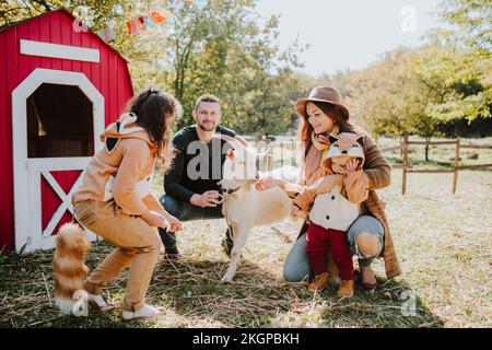 Genitori sorridenti con bambini che indossano costume di volpe in fattoria Foto Stock