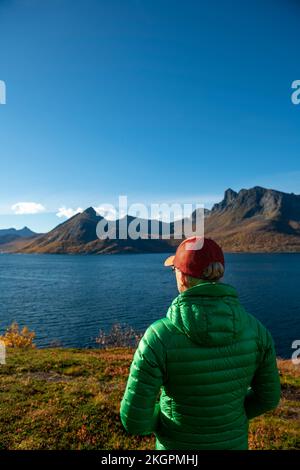 Donna che indossa una giacca imbottita verde ammirando le montagne di Segla sull'isola di Senja Foto Stock