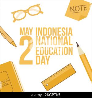 Illustrazione creativa per la Giornata Nazionale dell'Educazione Indonesiana con effetto testo giallo su sfondo bianco, maggio 2 disegno vettoriale speciale con penna, vetro Illustrazione Vettoriale