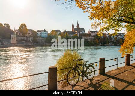 Svizzera, Basilea Città, Basilea, bicicletta sulle rive del Reno Foto Stock