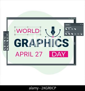 Aprile 27 Giornata Mondiale della Grafica effetto testo con tonalità rosa e nero, disegno vettoriale standard per la Giornata della Grafica con elementi del computer in un backgroun verde Illustrazione Vettoriale