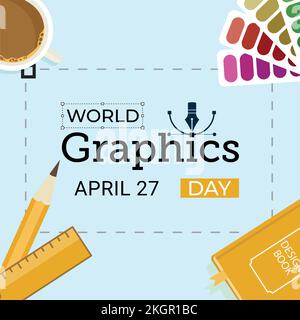27 Aprile World Graphics Day illustrazione vettoriale con effetto testo nero e altri elementi su sfondo bianco, Grafica Day disegno speciale con mult Illustrazione Vettoriale