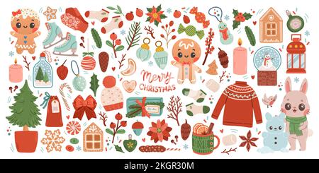 Natale grande insieme di elementi con biscotti, case, regali, maglione, pelliccia albero, corone. Set adesivi. Stile disegnato a mano Illustrazione Vettoriale