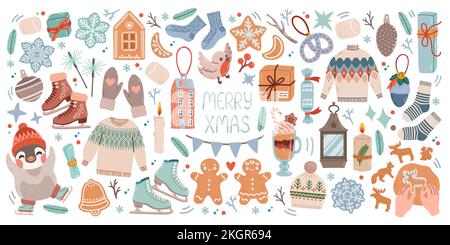 Natale grande insieme di elementi con biscotti, case, regali, maglione, pelliccia albero, corone. Set adesivi. Stile disegnato a mano Illustrazione Vettoriale