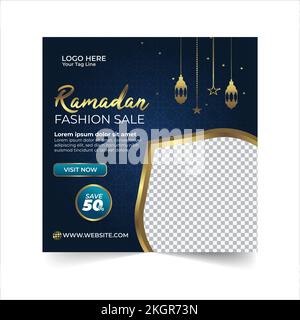 Ramadan vendita social media post modello banner annuncio, illustrazione editabile, islamico mese Santo di Ramadan Vendita Banner con Lanterne dorate illuminate Illustrazione Vettoriale