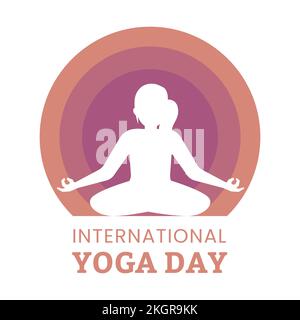 Felice giorno di yoga illustrazione vettoriale con effetto testo nero, nero, donna che fa yoga, signora, donna, posizione yoga, speciale giornata internazionale di yoga, viola Illustrazione Vettoriale