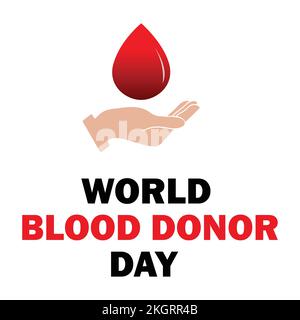 Illustrazione del vettore World Blood Donor Day con effetto testo in nero e rosso e goccia di sangue con mano, goccia di sangue, forma della mano, effetto testo, rosso, nero. Illustrazione Vettoriale